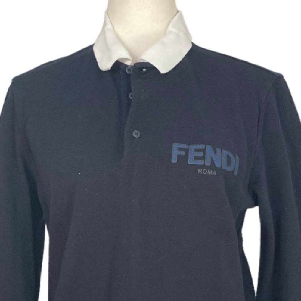 Fendi Long Sleeve Cotton Polo Shirt Blue contrast White Collar Fendi Logo - Picture 11 of 13